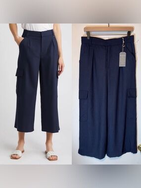 NWT Wit & Wisdom 'Ab'Solution Skyrise Pleated Crop Wide Leg Pants Navy Size 8